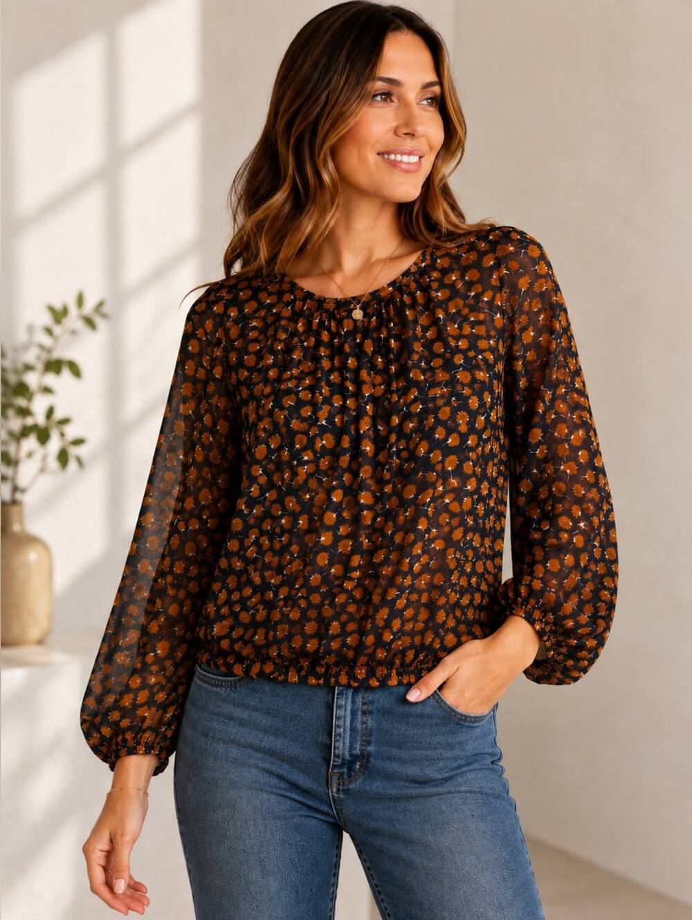 Love Tree L Sheer Black Rust Floral Blouse Balloon Sleeve Boho